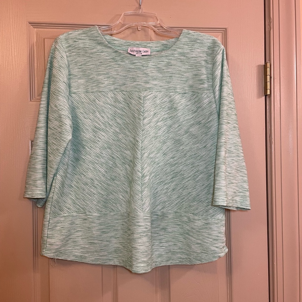 Southern Lady Petite Boxy‎ Green and White 3/4 Sleeve Blouse, Size PM
